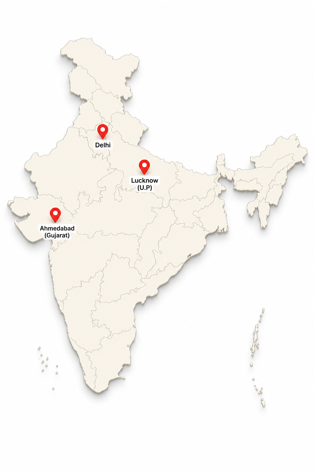 India map highlighting Delhi, Lucknow in Uttar Pradesh, and Ahmedabad in Gujarat